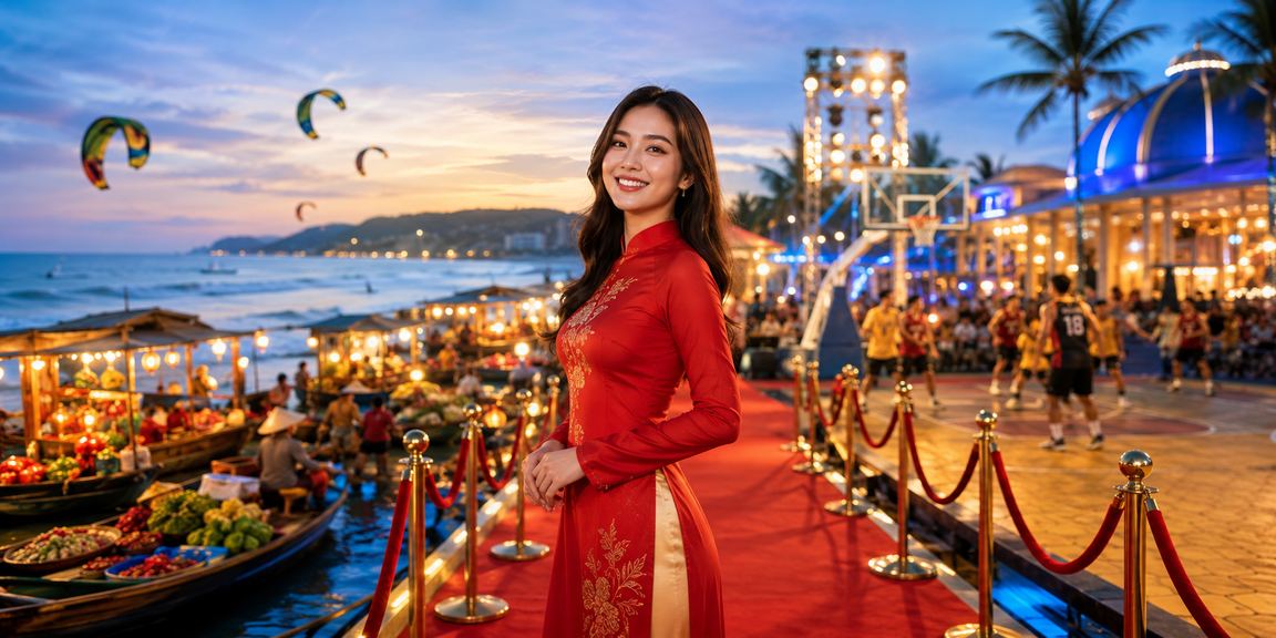 Người phụ nữ mặc áo dài tại bãi biển Mũi Né theo dõi kết quả bóng rổ trực tuyến